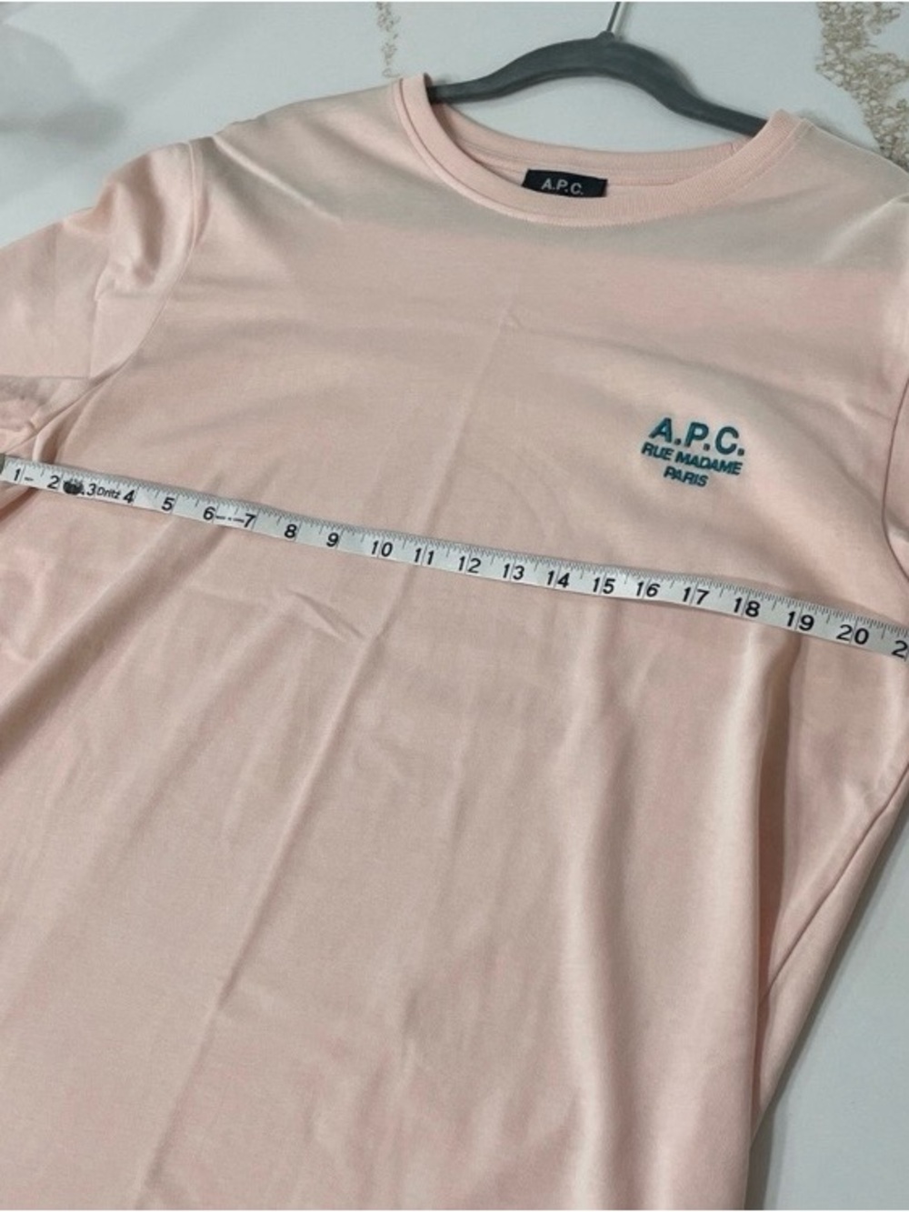 A.P.C. Short-Sleeve Crewneck T-Shirt in Pale Peach / Pink with Small Blue Logo - Picture 7 of 9